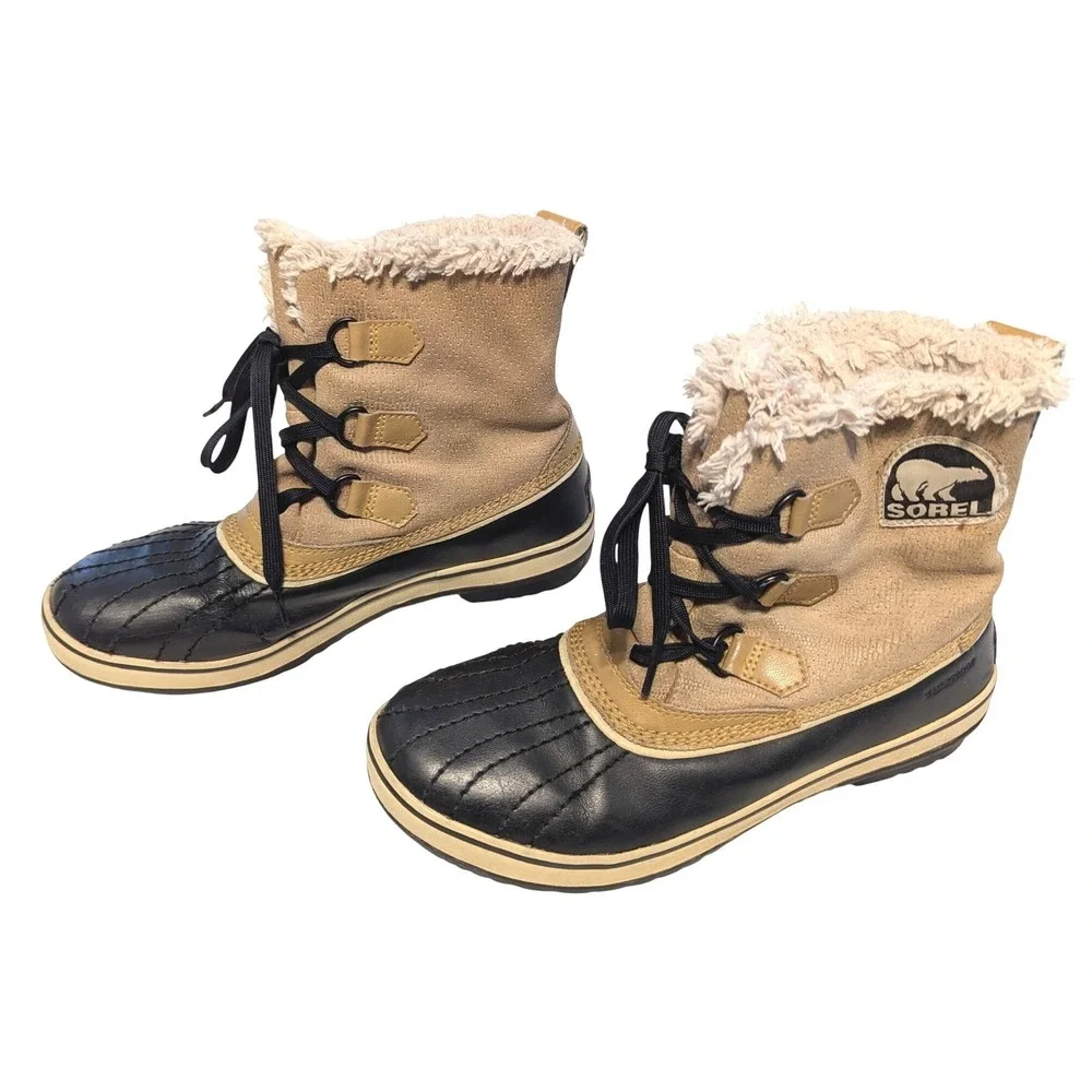Sorel Womens Size 9 Tivoli Winter Boots Leather Insulated Waterproof Tan Black